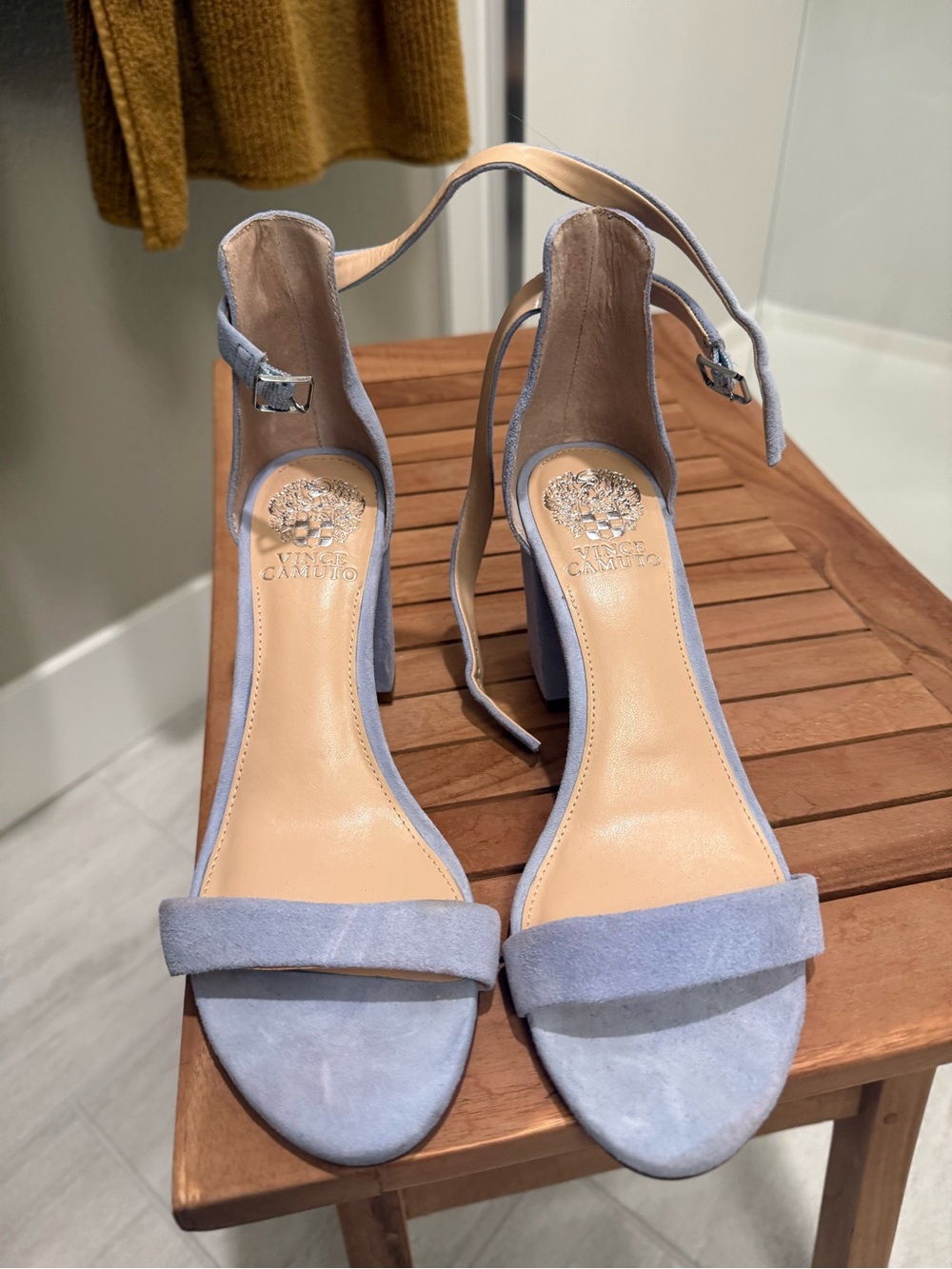 Vince Camuto Light Blue Suede Ankle-Strap Block Heels